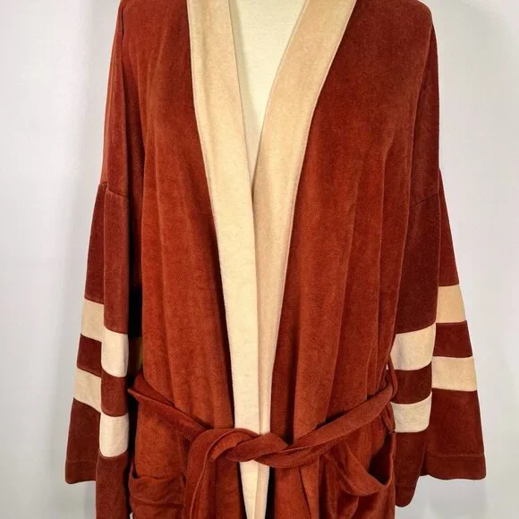 VTG 70s Burnt Orange Velour Robe Varsity Stripe Lounge Kimono Style Mid Century - Picture 1 of 16